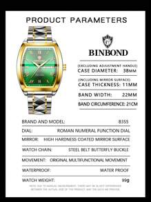1 pieza Regalo Relojes de mujer de marca real BINBOND (Original) Correa de acero inoxidable antióxido plateado 50M resistente al agua Función de calendario semanal en inglés Manecillas luminosas Elegante azul y verde Regalo Pulsera delgada Importado de Japón Movimiento automático de cuarzo Regalo para hermana, madre, cumpleaños, boda