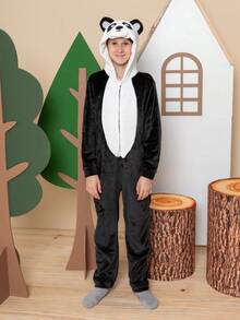 Kids' Unicorn Panda Bear Dino Costume Hooded Jumpsuit - 黑與白 - 查看 2