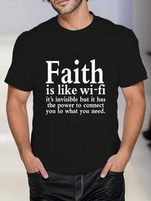 Camiseta para hombre con el concepto "La fe es como el wifi" ,220 g/m², nueva camiseta informal de verano de algodón con cuello redondo y manga corta (1 unidad) - Negro - Ver 1