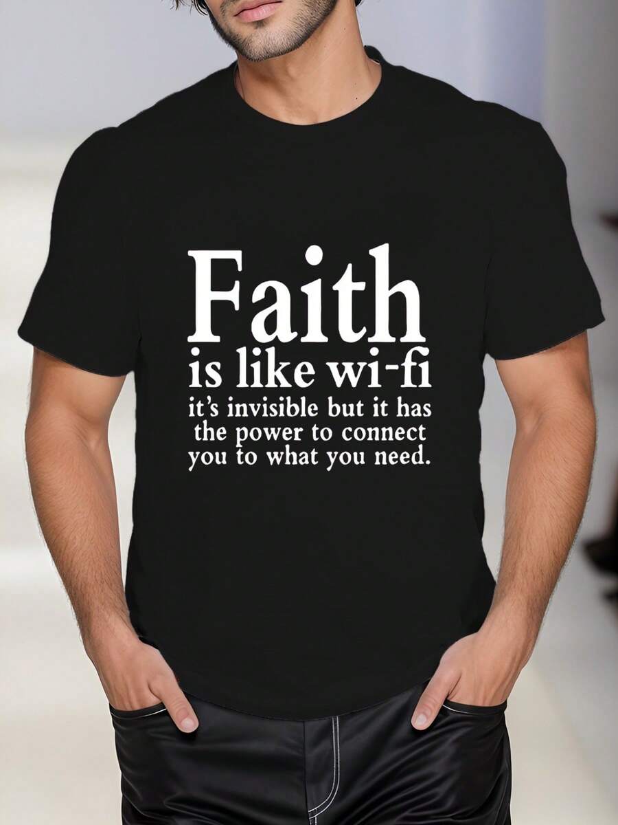 Camiseta para hombre con el concepto "La fe es como el wifi" ,220 g/m², nueva camiseta informal de verano de algodón con cuello redondo y manga corta (1 unidad) - Negro - Ver 1
