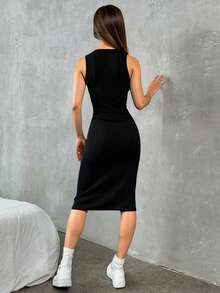 Vestido sexy, casual y elegante para mujer, sin mangas y cuello redondo, silueta semi ajustada, con abertura en la pierna con cordón ajustable para darle un toque más sexy, tela tipo canalé de poliéster y elastano, apto para temporadas de verano y primavera. Muy cómodo, ligero y agradable con tu piel, ideal para tus ocasiones especiales. - Negro - Ver 2