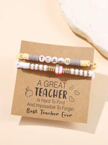 2pcs/Set Teacher's Day Bracelet Set, Fashion Soft Clay CCB Resin Wood Bead & Letter ''INSPIRE TEACH'' Bracelet, Suitable For Daily Wear And Gifting
