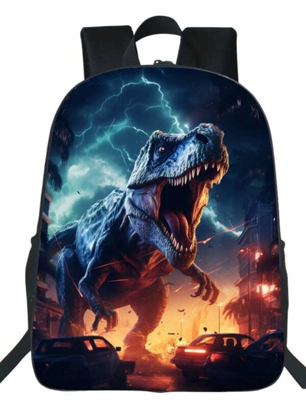 1pc Unisex 18.8 Inch Black Jurassic Dinosaur Digital Printing Backpack, Simple Multi-Purpose Student Bookbag School Supplies,Back To School