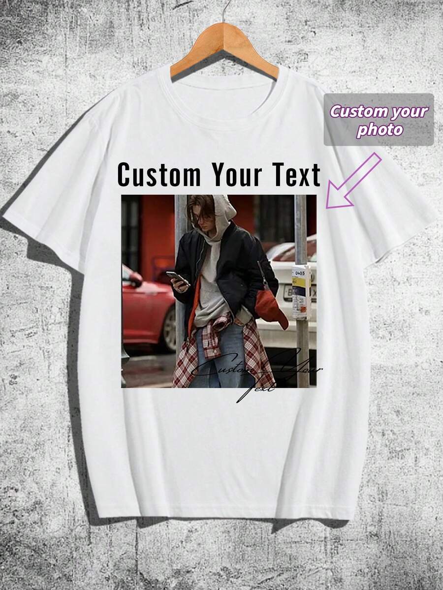 定制男士T恤，可输入文字/祝福语/趣味文字，上传照片/朋友/爱人照片，黑色T恤，节日礼物，周年纪念礼物，公司团建制服，音乐节，送给他的礼物，简约时尚，休闲定制，独特，个性化，送给家人、男友、朋友、孩子的理想礼物，日常办公穿着也很合适。 - 白色 - 查看 1