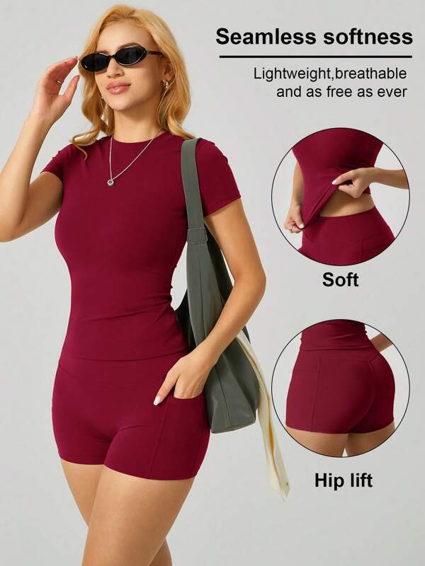 Conjunto de 2 piezas para mujer de primavera/verano: camiseta de manga corta de cuello redondo y pantalones cortos deportivos con bolsillo lateral