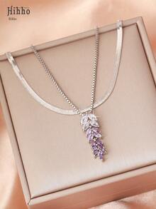 Hihho 2pcs Multi-Layered Necklace Set, With Purple & White Sparkle CZ Stone Embellished Pendant, Wheat Ear Design Lucky Chain Necklace, Suitable For Daily Wear And Holiday Party Gift, Purple Necklace - Silver - View 2