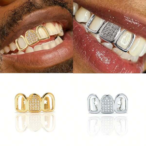1pc Copper Teeth Grillz With Synthetic Cubic Zirconia, Hollow 3-Tooth Grill Design, Unisex Personalized Jewelry Accessory For Hip Hop Style