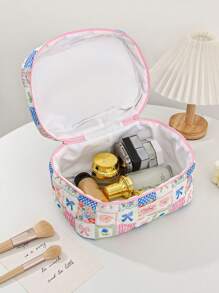 1 Piece Multi-Style Spliced Color Matching Cosmetic Bag With Bow Pattern, Girly Heart Design, Multifunctional Cosmetic Storage Bag,For Holiday Beach, Bathroom Collection, Bedroom Collection, Large Capacity