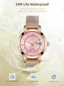 BIDEN BIDEN Fashionable Women's Quartz Watch, Waterproof Calendar Stainless Steel Mesh Strap, Elegant Women's Watch, Rose Gold Women's Clock