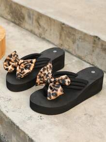 Sandalias de verano para mujer para uso en exteriores, sandalias de playa, con estampado de leopardo, lazo y decoración con rhinestones, transpirables y hechas a mano, adecuadas para la playa y uso casual en el hogar; Chanclas con suela gruesa y talla grande, color negro