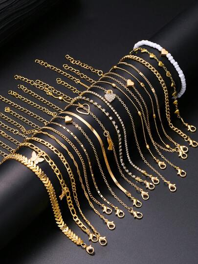 19 件/套 心形、蝴蝶、水钻、串珠、空心几何图案、仿宝石、情书、流苏、金属飞机链、蛇骨链、极简风格脚链套装，时尚、优雅、复古设计，适合海滩、节日、派对、礼物、日常穿着