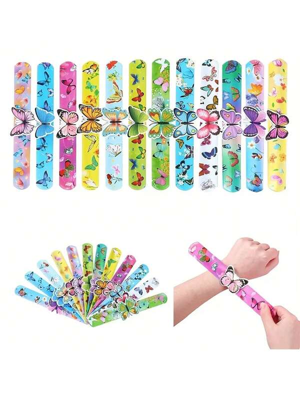 4 sztuki/zestaw motylkowa bransoletka na rękę, kolorowa opaska na nadgarstek z motylem i kwiatem - zdejmowana karta, odpowiednia na wiosenne zajęcia na świeżym powietrzu, prezenty na przyjęcie i wypełniacze prezentów, urodziny, energiczny projekt z PVC