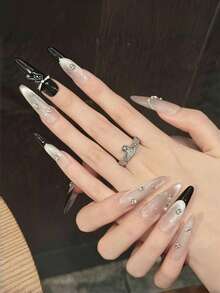 10 件杏仁形假指甲，黑色蝴蝶结彩虹紫猫眼水钻，法式美甲简约风格，手工美甲套装，适合日常佩戴和约会，可重复使用按压式指甲美甲用品 - 彩色 - 查看 17