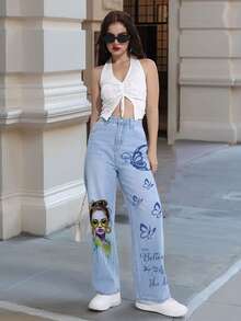 Lyandra Women's Versatile Wide Leg Casual Printed Straight Relaxed Fit Jeans - Light Wash - View 6