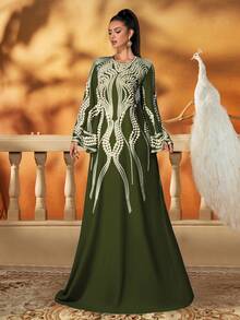 AmazingHoney Elegant Mint Green Long Pearl-Embellished Jalabiya, Wide Sleeve Abaya, Luxury Kaftan For Women, Dubai Style Formal Dress,Middle Dress,Luxurious Party Abaya (Oversized Fit– Please Check Size Chart), Modest - Army Green - View 5