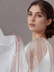 1 pièce Étole de mariée transparente de longueur cathédrale avec bordure en faux perles de couleur unie, accessoire de mariage