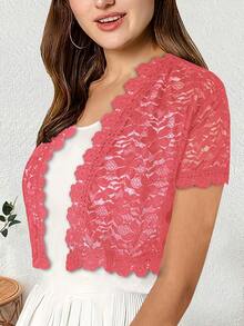 山茶花蕾丝短袖外套（春季款） - 西瓜粉 - 查看 5