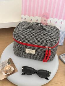Quilted Heart Plaid Makeup Pouch, Fabric Soft Zipper Cosmetic Bag, Simplistic Plaid Design, Large Capacity, Suitable For Home, Travel, Daily Use Graduation - Multicolor - View 5
