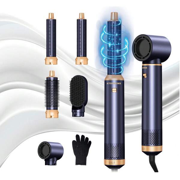 UKLISS Cepillo y tenaza de peinado multifuncional 5 en 1 | 3 ajustes de temperatura y 5 cabezales intercambiables para rizos, ondas, alisado | Esenciales de vuelta al colegio, regalo para el Día del Prime y viajes de verano (Diseño azul elegante dorado/oro blanco/oro negro)
