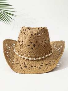 1pc Unisex Pearl Decor Hollow Out Straw Hat Sun Hat Wide Brim Handmade Beach Hat For Women Cowboy Hat Boho - Multicolor - View 4