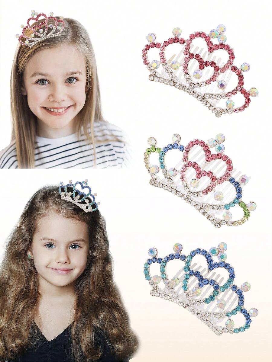 3Pcs Mini Tiara Hair Comb Princess Tiara Comb Princess Comb Shiny Rhinestone Tiara Crystal Rhinestone Cute Hair Accessories Girl Jewelry Set - Multicolor - View 1