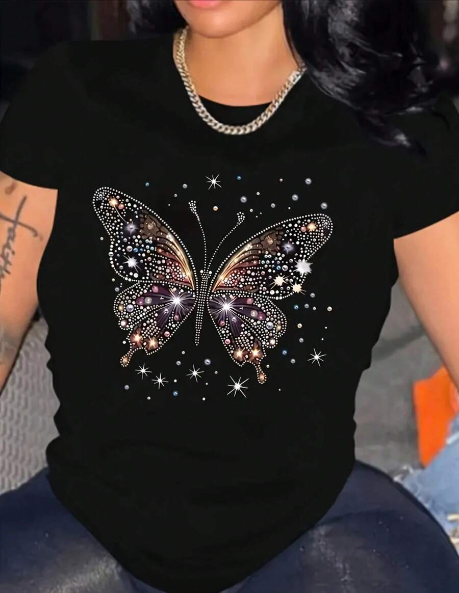 Camiseta Casual de Mujer con Estampado de Mariposas - Mezcla de Poliéster y Spandex Suave, Cuello Redondo, Manga Corta, Lavable a Máquina - Negro - Ver 1