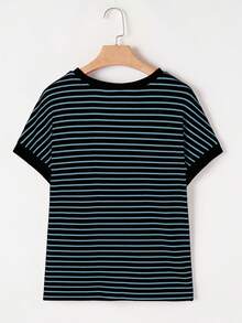 Acelitt Striped Contrast Color Shoulder Short Sleeve Knit Casual Round Neck T-Shirt, Summer - Blue - View 5