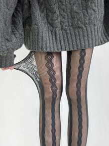 1 pieza Medias de mujer con tejido de punto de cable, de malla fina con estampado de rayas verticales de encaje calado, transpirable, transparente, de estilo gótico oscuro, sexy, de ajuste ceñido