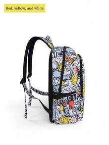 男女通用时尚鲨鱼嘴印花背包/单肩包，撞色蓝色闪电图案学校/笔记本电脑包，配有可调节肩带，随机全身印花