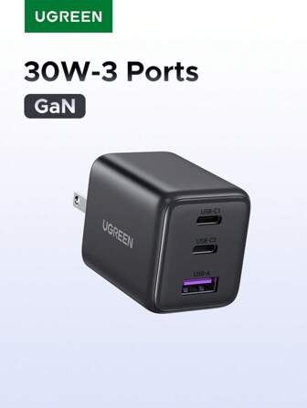  Cargador rápido UGREEN 30W GAN PD multiport USB-C y USB-A compatible con iPhone 16, 15, 14 Pro Max, adecuado para viajes, oficina, dormitorio y hogar, con carga rápida de alta potencia