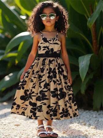 少女热带印花撞色蕾丝吊带裙，休闲沙滩度假连衣裙，无袖夏季女童装