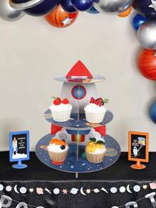 1pc Space Astronaut Cupcake Holder, Rocket Theme Birthday 3 Tier Cardboard Cupcake Stand, Galaxy Style Dessert Tower Display For Birthday Technology Theme Youngster Shower Party Supplies Decoration