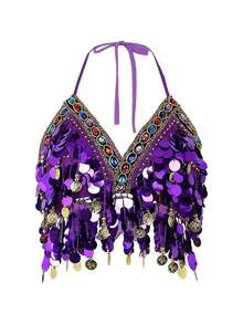 Women Glitter Sequins Circle Tassels Halter Neck Padded Belly Dance Crop Top - Multicolor - View 1