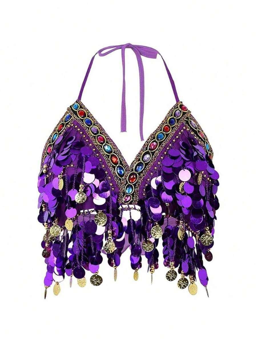 Women Glitter Sequins Circle Tassels Halter Neck Padded Belly Dance Crop Top - Multicolor - View 1