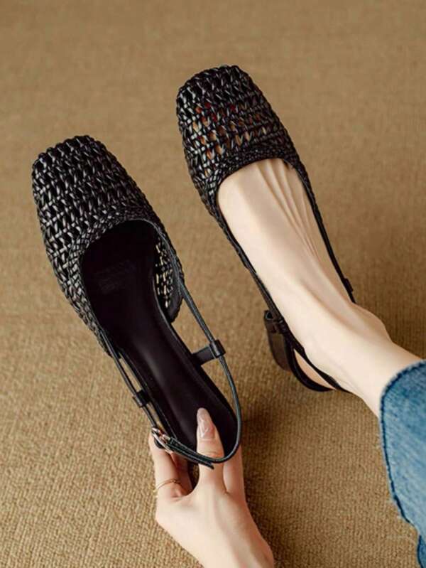 Women's French Square Toe Hollow Woven Thick Heel Closed Toe Sandals, Vintage Leather Quality Shoes, New For Summer 2025
