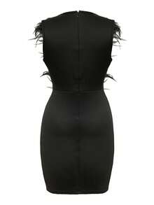 1pc Shiny Sequin & Feather Patchwork Party Dress, Zipper Closure, Suitable For Party, Birthday, Stage Performance, Cocktail, Summer - Black - View 3