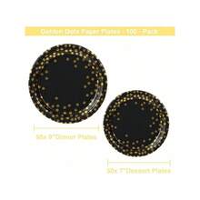 Round Disposable Paper Plates For All Occasions - 100 Pack - 50 X 9" And 50 X 7" Dinner Plates, Golden Foil Polka Dots , White And Gold Party Supplies - 黑色/金色 - 查看 3