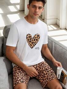 2pcs Men & Women Matching Sleepwear Set: Thin Round Neck Short Sleeve Shirt With Heart & Leopard Print + Shorts, Casual & Comfortable Lounge Set For Summer