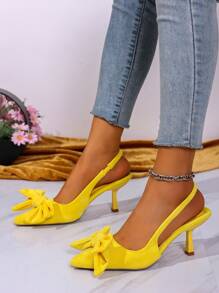High Heels Yellow Pointed Toe Bowknot Plain Color Ankle Strap Thin Heel Pumps For Outdoor Party