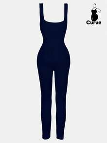1pc Women Seamless Tummy Shaping Waist Lifting Jumpsuit, Plus Size Jumpsuit - Navy Blue - View 9