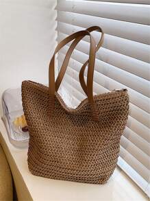 1 peça nova bolsa de viagem casual simples estilo praia férias grande capacidade cesta de tecido, bolsa tote casual dobrável para compras diárias, uso na praia fim de semana feriado, presente para mulheres