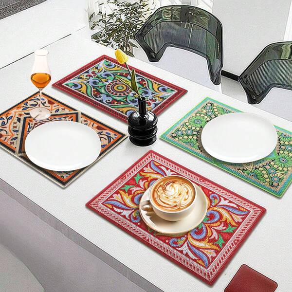 DIY Diamond Painting Placemat Kit, 2Pcs Mandala Rhinestone Art Table Mats Set, Heat Resistant Anti-Slip PU Leather Dining Table Placemats For Home, Kitchen, Parties, Camping, Holiday Decor, Craft Gift For Adults (14+)
