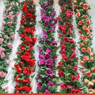 1 stuk kunstmatige rozenrank van 2,3 meter, nep hangplantenranken, uv-bestendige kunstbloemenkrans voor buiten, kunstmatige hangende klimopkrans, foto-accessoire, decoratie voor buiten op het terras, decoratie voor in de woonkamer, decoratie voor aan de muur, decoratie voor op een boog, decoratie voor op een bruiloft, verjaardagsfeest