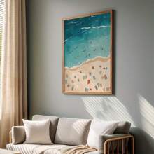 1pc Minimalist Beach Scene Wall Art - Summer Ocean Poster With Colorful Tiny People Swimming, Aerial Beach View Print On Canvas, Frameless Coastal Decor For Living Room, Bedroom, Or Bathroom, Indoor Decoration, Beach Theme Decor