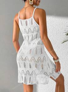Women's Summer Boho Holiday Beach Vacation Outfits Contrast Color Patchwork Hollow Out Knit Slip Dress