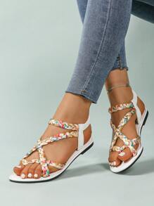 Women's Flat Sandals, White Round Toe Woven Strap Fashion Sandals, Roman Style Elastic Band Comfortable Slip-On Sandals, Suitable For Vacation, Travel, Shopping, Dating, Beach