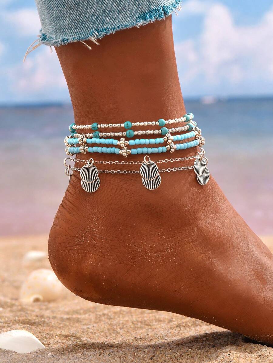 6pcs Boho Round Disc Pendant Beaded Anklet, Versatile Summer Beach Daily Wear Accessory For Women - Blue - View 1