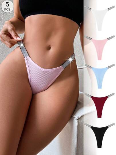 5 sztuk Jednolitych Kolorowych Niskich Talii Wygodnych Oddychających Seksownych Majtek Stringowych, Słodkie, Urocze, Eleganckie, Romantyczne, Dzianina Y2K