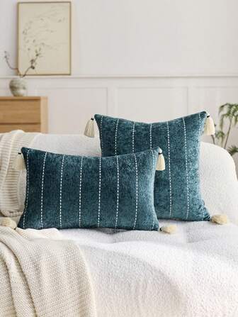 1 件水鸭蓝几何条纹小米刺绣抱枕套，适合室内装饰，四季流苏装饰靠垫套，不含枕芯