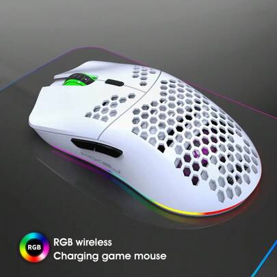 A Honeycomb-Shaped Hole Wireless Mouse With Rechargeable RGB Light Adjustment And USB Plug-And-Play, Suitable For Home Gaming And Office Use